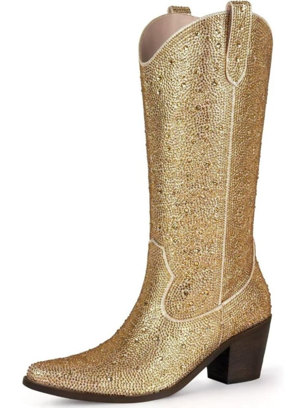 Missmiller Women Gold Rhinestone Mid Calf Cowgirl Block Heel Pointed Toe Boots